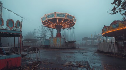 A Hauntingly Beautiful Scene of an Abandoned Carnival with Empty Rides and a Mysterious Mist Enveloping the Area at Dusk