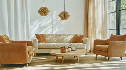 Modern minimalist living room with wooden furniture and natural lighting