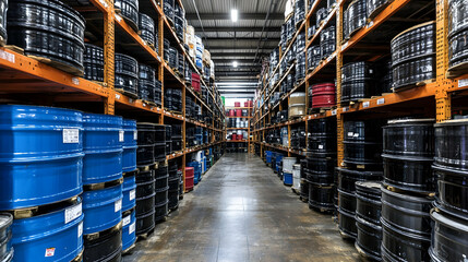 Fototapeta premium Industrial Warehouse with Stacked Barrels