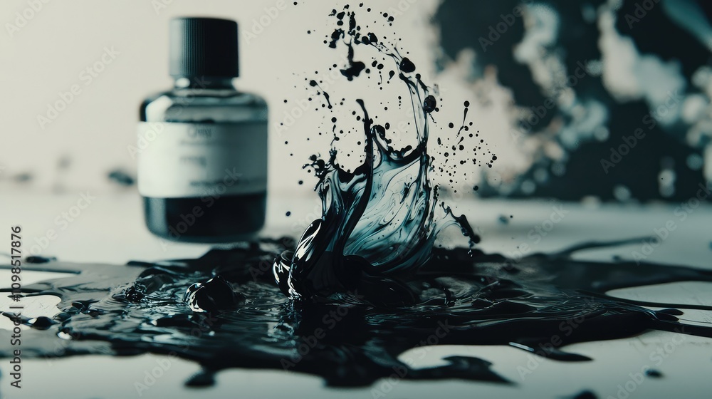 Poster abstract splash of spilled ink from a classic bottle creating artistic patterns on a surface, evokin