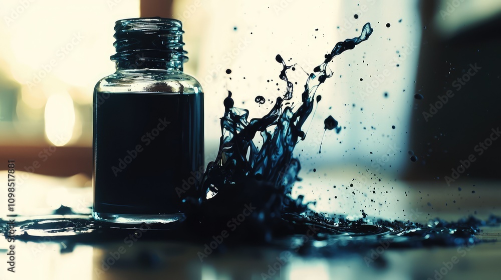 Poster abstract splash of spilled ink from a bottle creating an artistic composition with fluid motion and 
