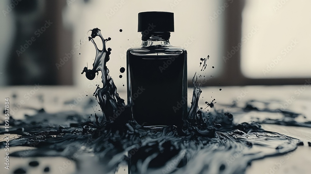 Poster abstract spillage of classic ink from a bottle creating dynamic ink splash art on a surface, capturi