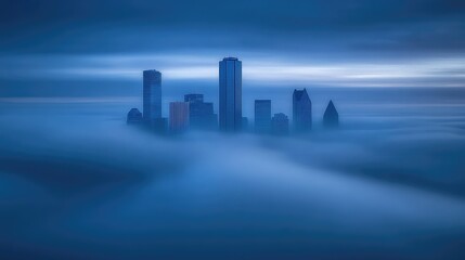 Fototapeta premium A Majestic City Skyline Emerges Through Thick Fog at Dawn, Creating an Ethereal Atmosphere with Dramatic Light and Urban Structures in Beautiful Blues