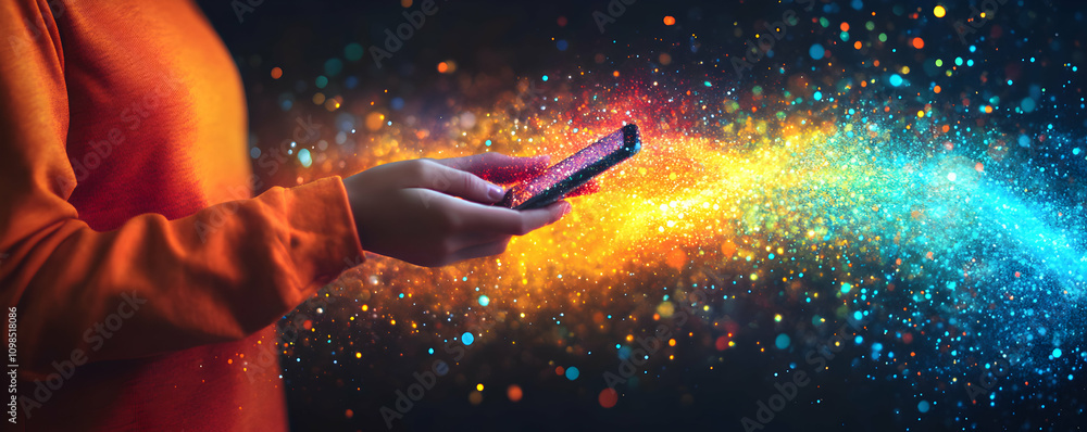 Poster abstract colorful background. hands using smartphone