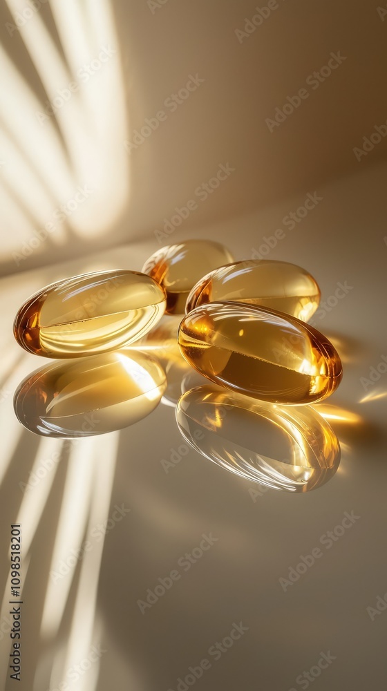 Aufkleber close-up of reflective capsules and tablets on a surface with soft light casting shadows for health 