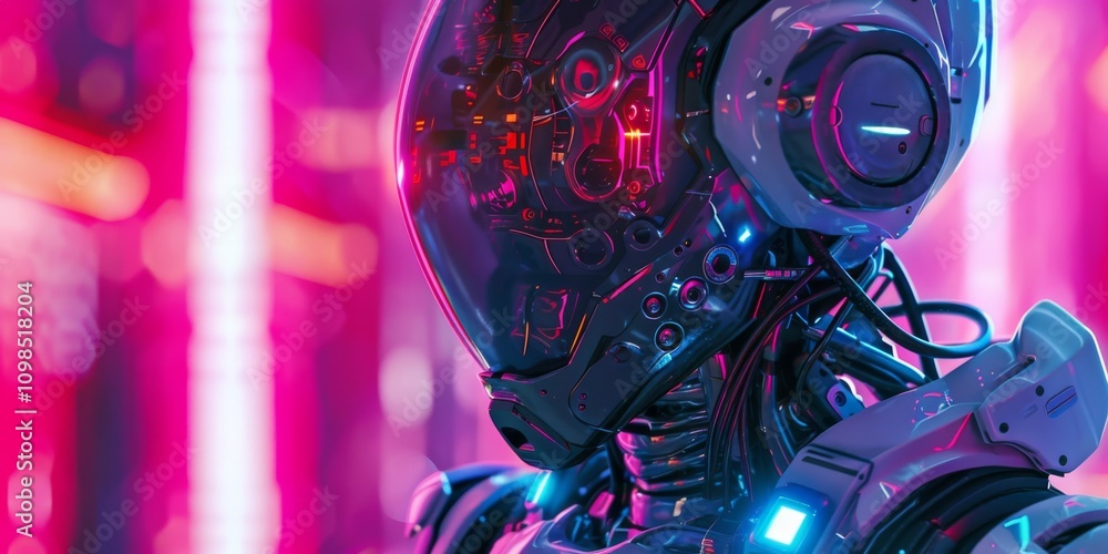 Poster a robot with a helmet on its head. the robot is in a city with neon lights. the robot is wearing a w
