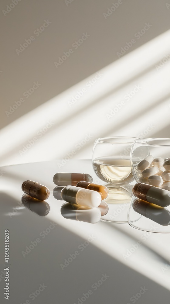 Poster close-up shot of various capsules and tablets on a reflective surface with soft light and glasses of