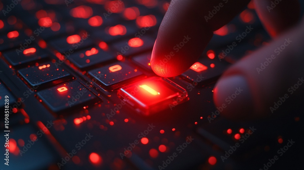 Aufkleber a close-up of a finger pressing a glowing red key on a dark keyboard, highlighting modern technology