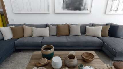 Modern living room with gray sofa and neutral decor elements