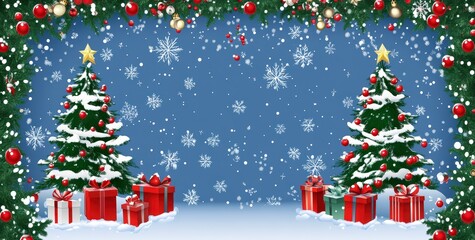 Obraz premium Magical winter scene with snowflakes, pine trees, and vibrant holiday presents, capturing Christmas joy