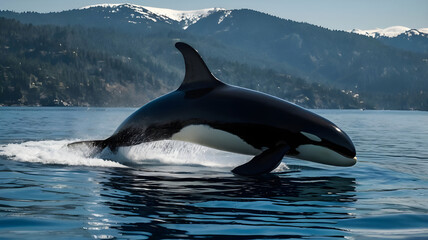 Naklejka premium An orca whale, also known as a killer whale, gliding gracefully through the water, its striking black and white coloration clearly visible.