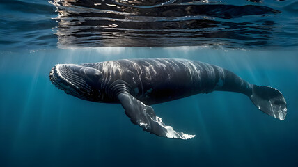 A northern right whale swimming gracefully beneath the surface of the water. Its large, robust body is mostly dark with distinctive callosities on its head. 