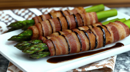 Delicious bacon wrapped asparagus spears with balsamic glaze on a white plate