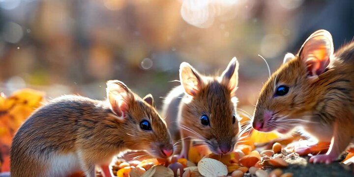 Mouse family gathering food for winter, teamwork in nature 4K . Video