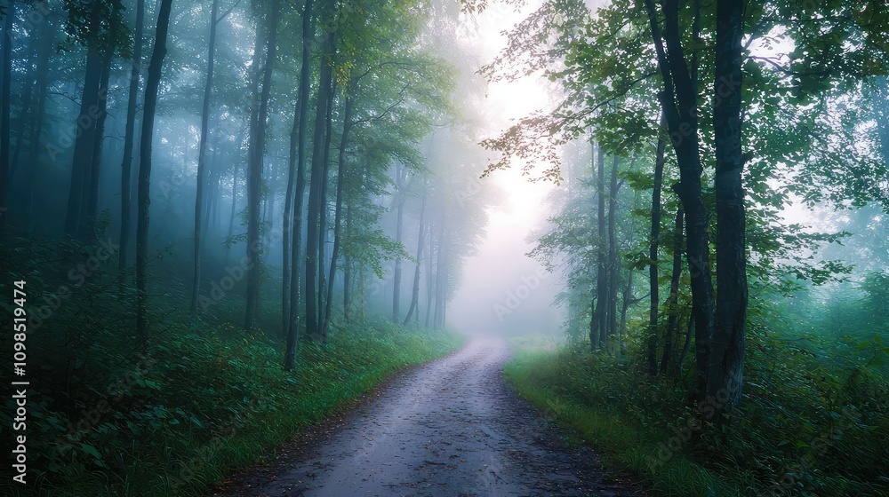 Poster serene pathway through dense fog in a forest at dawn, capturing nature's tranquility with soft light