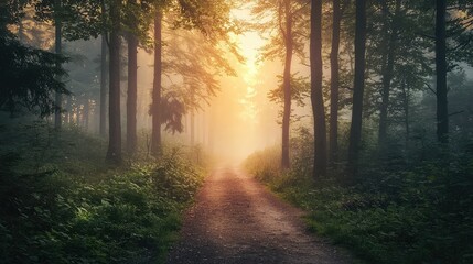 Obraz premium Serene Dawn in a Foggy Forest Pathway Surrounded by Dense Trees, Evoking Calm and Tranquility in Nature