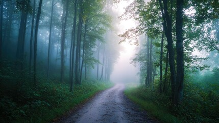 Obraz premium Serene Pathway Through Dense Fog in a Forest at Dawn, Capturing Nature's Tranquility with Soft Light Filtering Through Trees