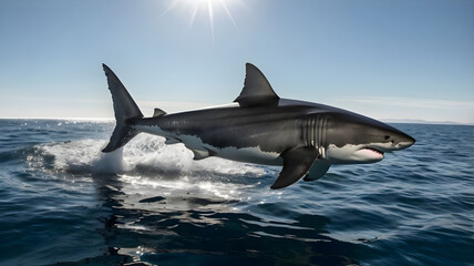 Fototapeta premium A great white shark gliding just beneath the surface of the water, its powerful body partially visible