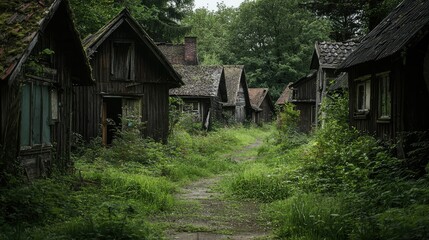 Fototapeta premium Abandoned Wooden Houses in a Remote Village Surrounded by Lush Greenery and Overgrown Pathways, Evoking a Sense of Mystery and Nostalgia