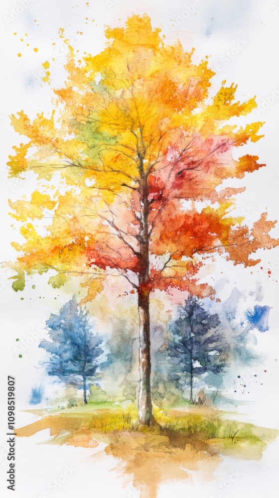 Poster a tree with a blue trunk and green leaves. the tree is surrounded by grass. the tree is in the foreg