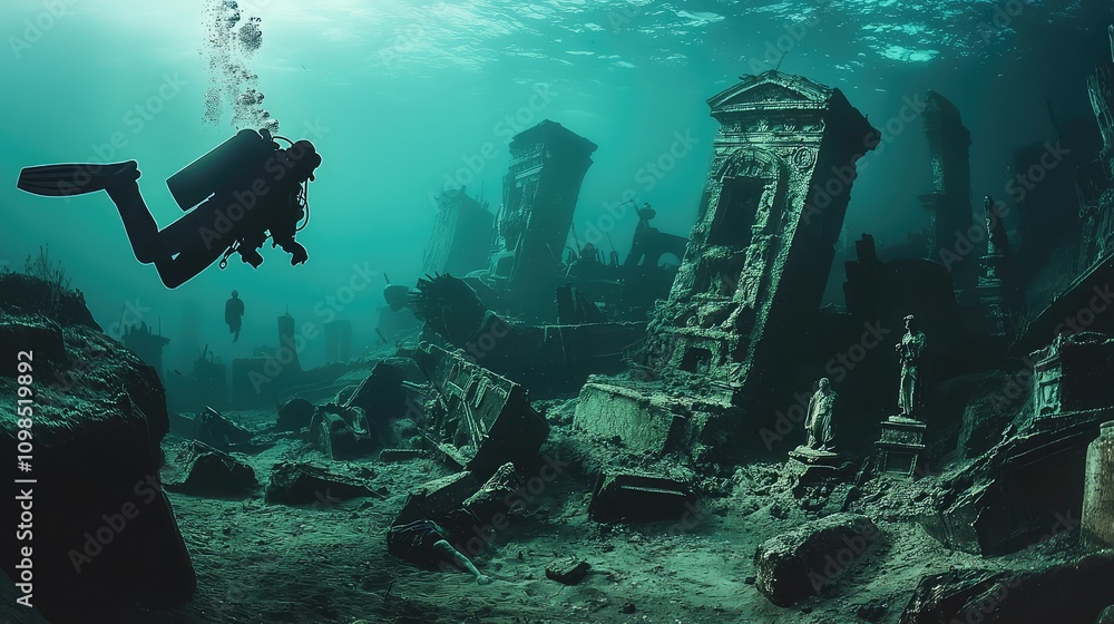 Poster a diver exploring an underwater graveyard filled with ghostly statues and ruins in a mysterious ocea