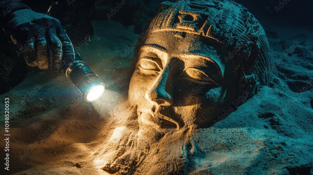 Poster illuminating an ancient cursed statue with a flashlight in a submerged environment, revealing myster