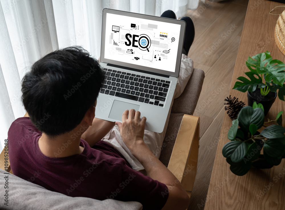 Poster seo search engine optimization for modish e-commerce and online retail business showing on computer 