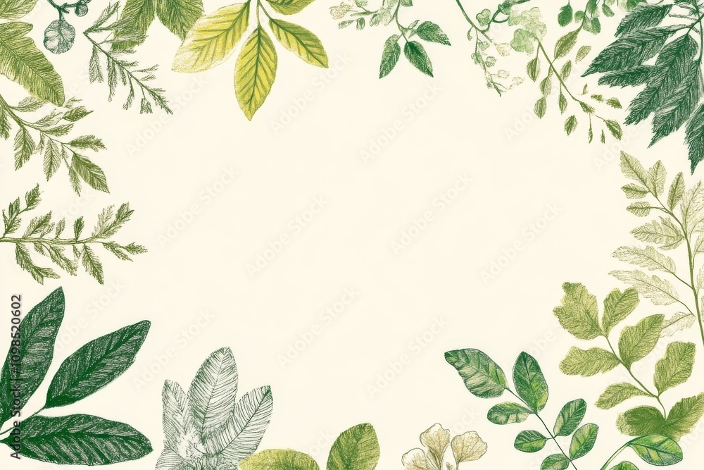 Poster a beautiful drawing of a leafy green background with a white border. the drawing features a variety 