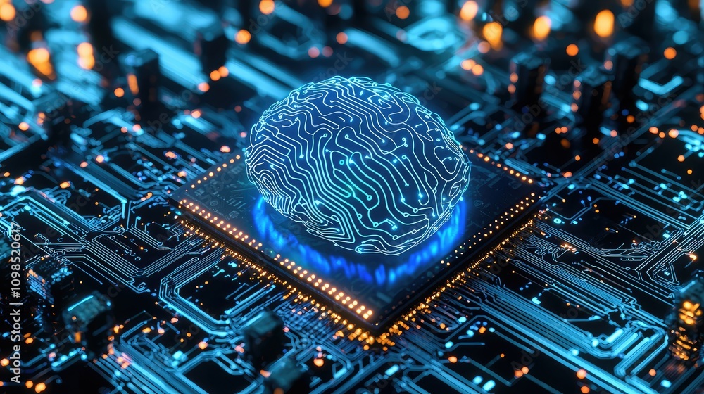 Poster futuristic circuit board with blue and green lights featuring a digital chip and brain design, repre