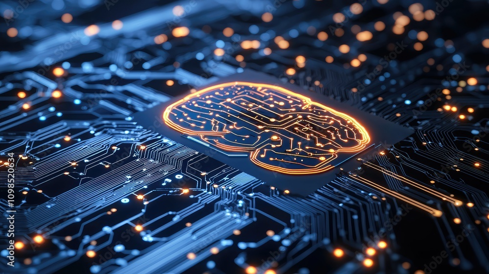 Poster futuristic concept of a glowing ai chip embedded in a circuit board, showcasing advanced technology 