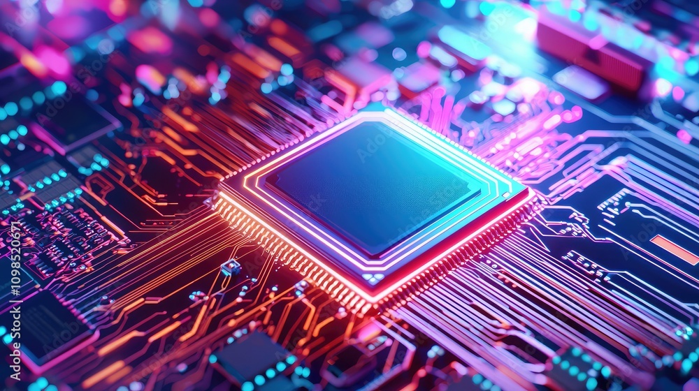 Poster vibrant neon circuit board featuring futuristic chip design with glowing elements and intricate patt