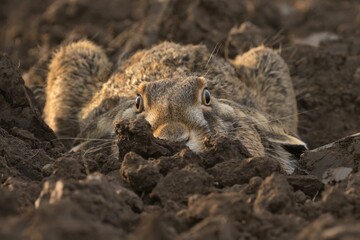 European hare Lepus europaeus brown cute darling field meadow animal in nature, draw near village, runs fast, cubs beautiful eyes caress, has ears, agricultural landscape, food crop harvest Europe © Jan Novak
