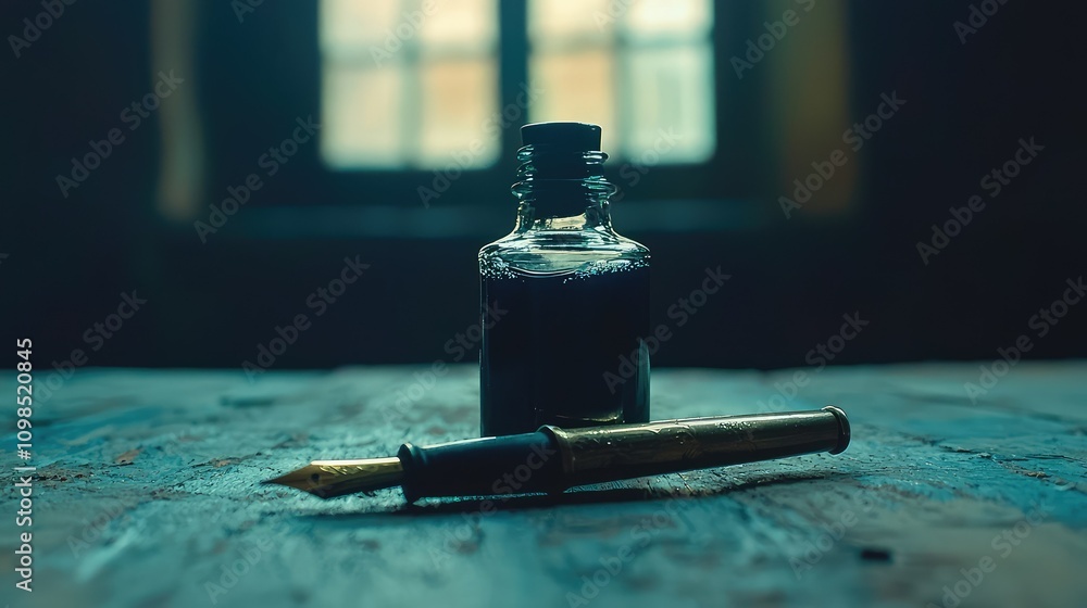 Poster ink bottle and calligraphy pen resting on table with soft light illuminating background, perfect for