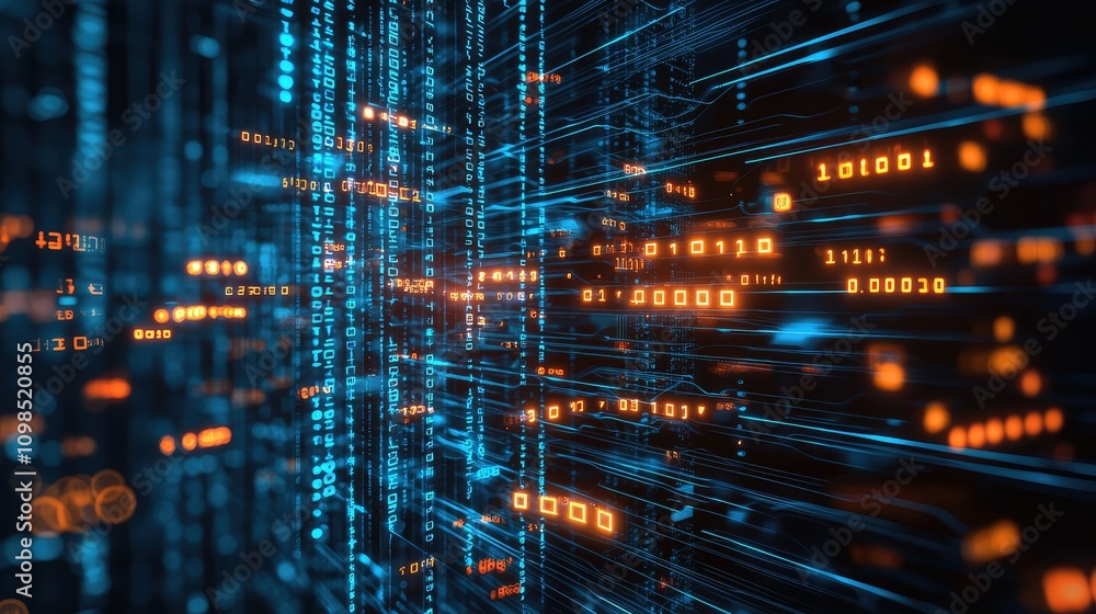 Poster abstract representation of digital data flow with glowing binary code and chip elements in a glimmer