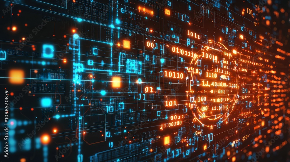 Poster glowing digital data chip surrounded by binary code in an abstract high-tech design with vibrant col