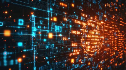 Obraz premium Glowing Digital Data Chip Surrounded by Binary Code in an Abstract High-Tech Design with Vibrant Colors and Intricate Patterns