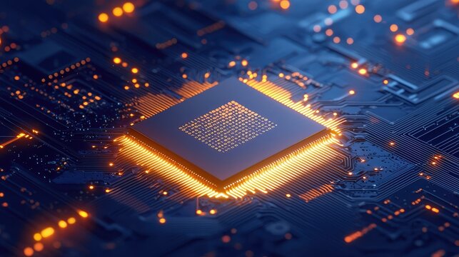 Glowing Data Chip with Digital Binary Code Surrounded by Circuit Board Elements Illuminated in a High-Tech Futuristic Environment
