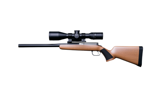 Detailed air rifle with scope and wooden stock on transparent background