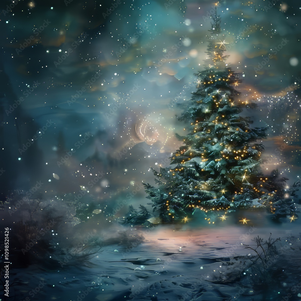 Poster a christmas tree is lit up with lights and is surrounded by snow. the snow is falling from the sky a