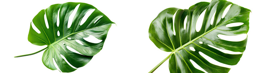 Obraz premium Lush Green Monstera Leaves Isolated on a Bright Background, Ideal for Tropical Decor, Interior Design, or Creative Floral Arrangements and Backgrounds