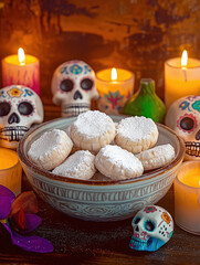 Traditional mexican day of the dead celebration with sugar skulls and pastries