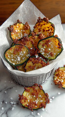 Crispy zucchini chips with parmesan and sea salt in basket