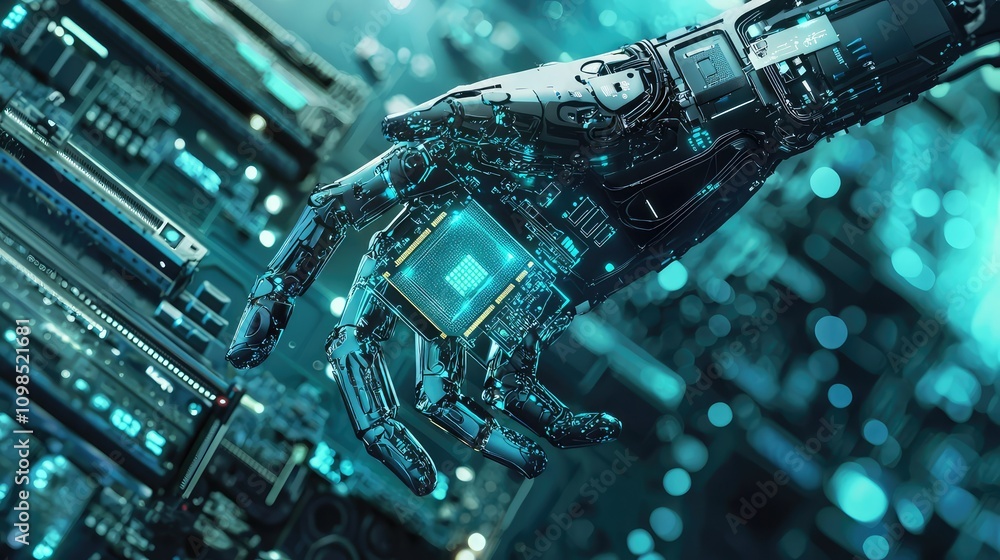 Poster high-tech robotic arm placing microchip with precision in a futuristic laboratory environment, showc