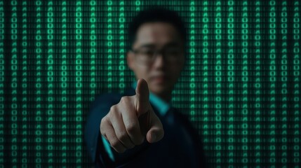 A blurred figure points towards a green digital matrix backdrop, evoking themes of technology, data, and the digital realm.