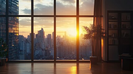 Fototapeta premium Panoramic Cityscape View from Modern Apartment Window at Sunset, Showcasing Stunning Urban Skyline and Vibrant Colors in a Contemporary Setting