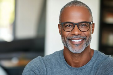Obraz premium Smiling man with glasses in casual setting enjoying a moment of joy indoors