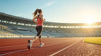 Fototapeta premium Athletic woman jogging on a running track at sunset in a stadium