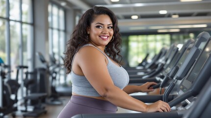 Fototapeta premium Plus-size woman smiling on a treadmill in a modern gym