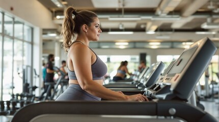 Fototapeta premium Plus-size woman focused on exercising on a treadmill in a modern gym