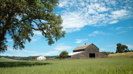 Obraz premium Stunning Classic White Farmhouse Near Expansive Green Barn Surrounded by Lush Fields and Vibrant Blue Sky on a Sunny Day